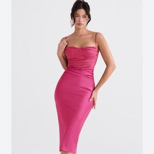 House of CB Teia Hot Pink Draped Corset Midi Dress Gown XS NWT